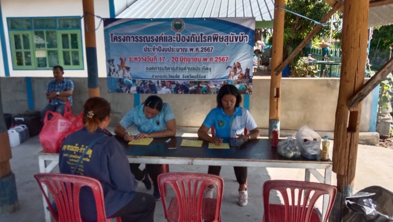 งานสาธารณสุขและงานป้องกันบรรเทาสาธารณภัย สำนักปลัดองค์การบริหารส่วนตำบลประทัดบุ ได้จัดโครงการรณรงค์และป้องกันโรคพิษสุนัขบ้า พ.ศ.2567 ระหว่างวันที่ 17 - 20 มิถุนายน พ.ศ.2567